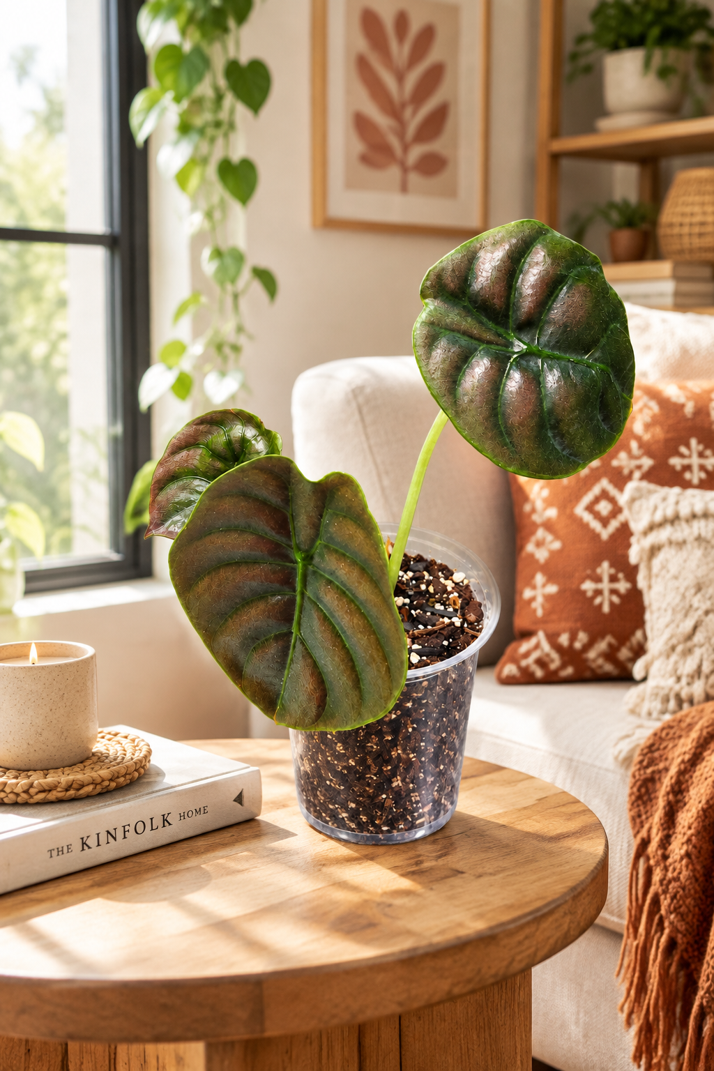 Rare Alocasia Cuprea Red Secret on a wooden side table in a bright living room