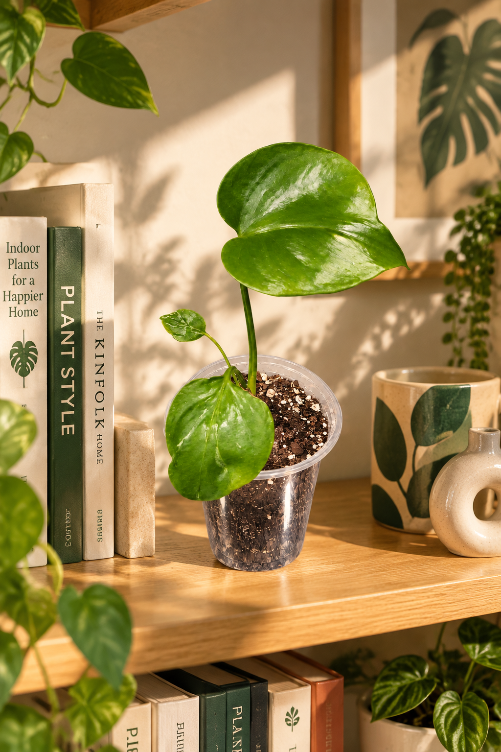 Monster Bulbasaur plant on a sunlit shelf in a cozy apartment